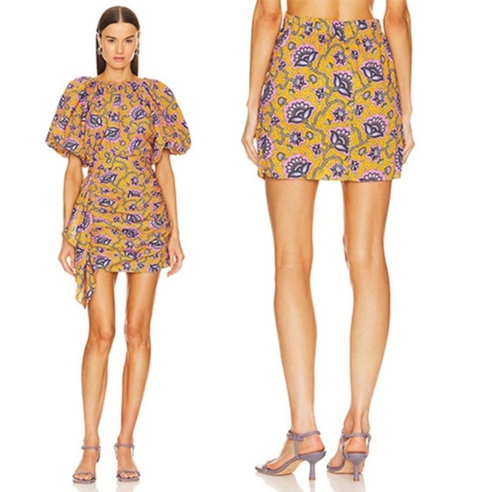 NWT Rhode Hannah Ruched Poplin Gold & Purple Floral Mini Skirt Gold Lotus